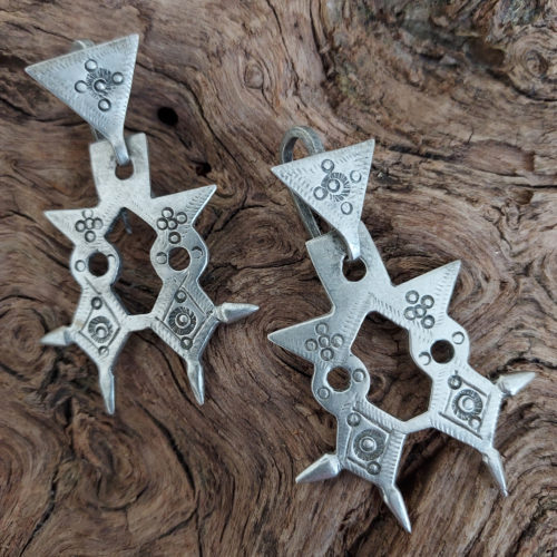 Tuareg tribal silver earrings with double Agadez cross.