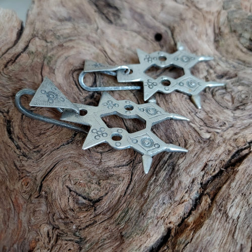 Tuareg tribal silver earrings with double Agadez cross.