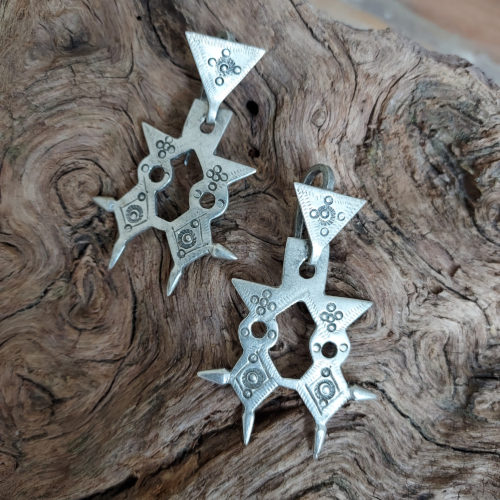 Tuareg tribal silver earrings with double Agadez cross.