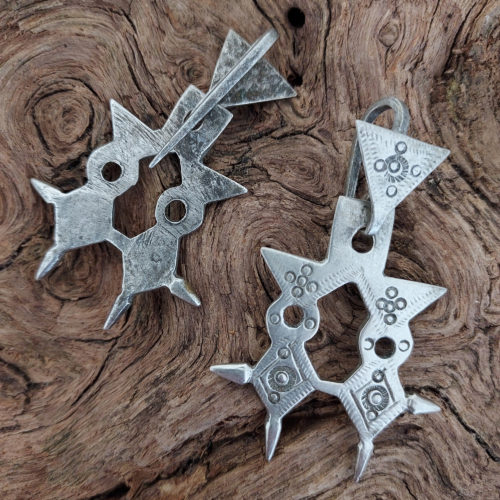 Tuareg tribal silver earrings with double Agadez cross.