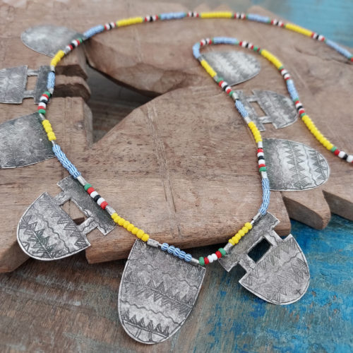 Old Bella Tuareg tribal silver and beads necklace.