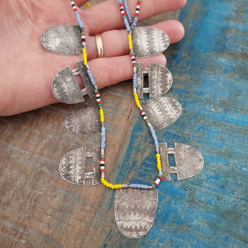 Old Bella Tuareg tribal silver and beads necklace.