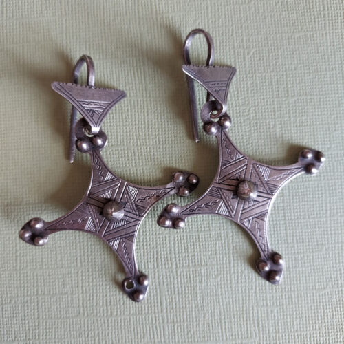 Old Tuareg dangle earrings in cross shape from Niger.