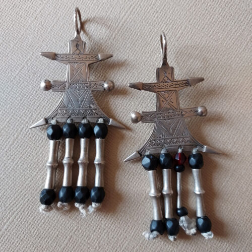 Old Tuareg silver earrings with dangles from Niger.