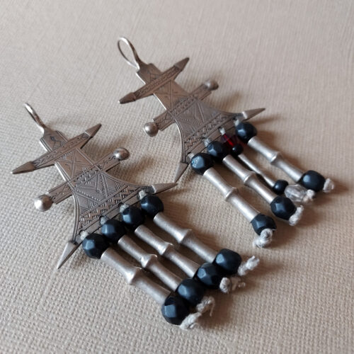 Old Tuareg silver earrings with dangles from Niger.