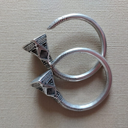 Tuareg silver tribal ethnic tizabaten tsabit hoops earrings from Mali or Niger.