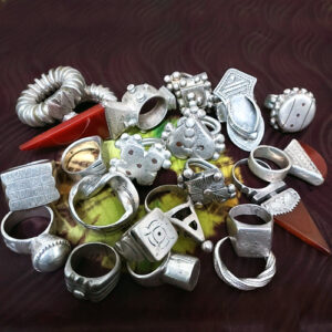 Old Fulani, Sarakole and Tuareg silver rings, silver amulet rings and Tanfouk rings from Niger and Mali.