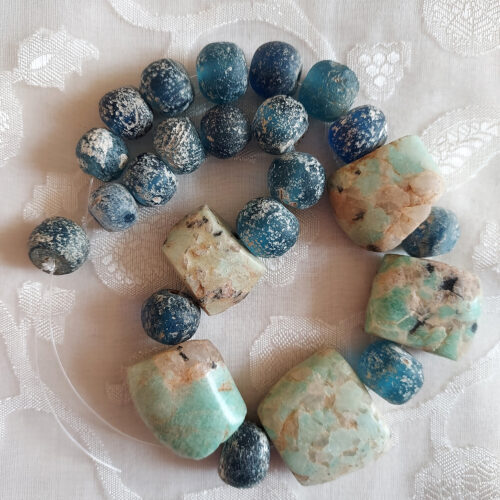 Islamic glass beads and ancient amazonite beads strand.