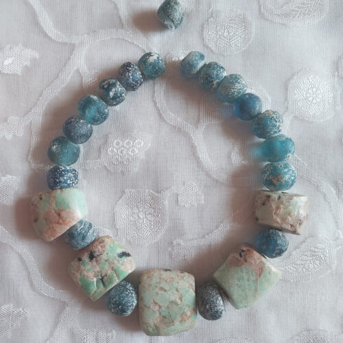 Islamic glass beads and ancient amazonite beads strand.