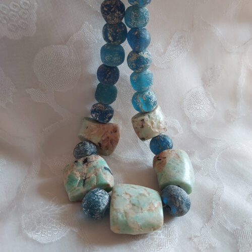 Islamic glass beads and ancient amazonite beads strand.