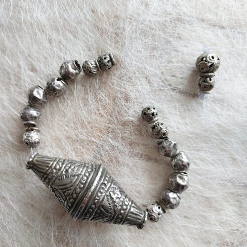 old silver etched bicone bead and silver beads