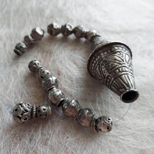 old silver etched bicone bead and silver beads