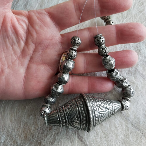 old silver etched bicone bead and silver beads