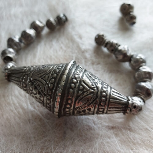 old silver etched bicone bead and silver beads