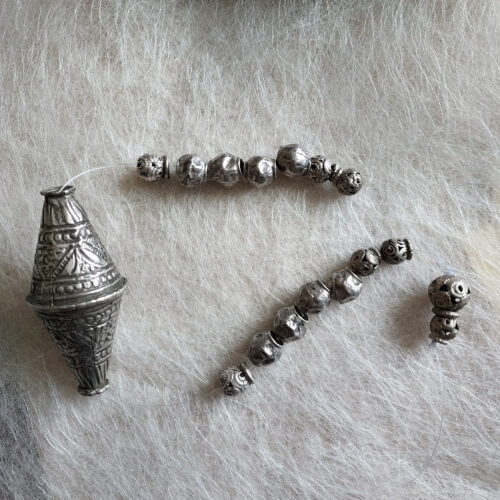old silver etched bicone bead and silver beads