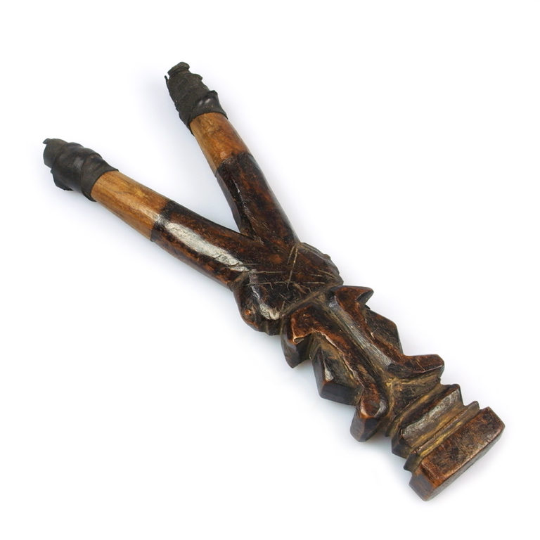 old dogon wood slingshot with twin nommo figures from mali
