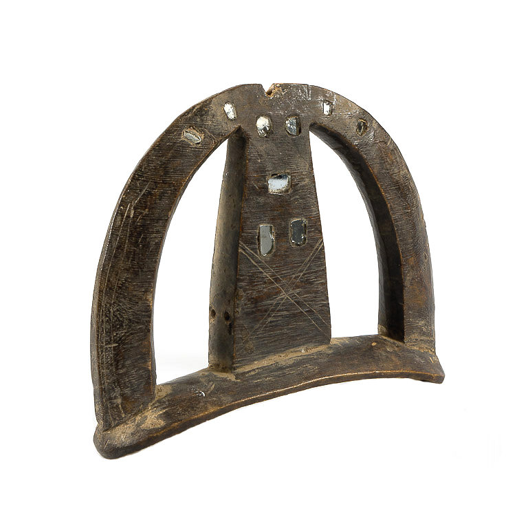 Toussian wood head adornment with mirrors from Burkina Faso.