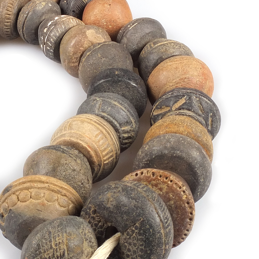 Old Irregular-shaped Mali Clay Spindle Beads 33x28mm African Grey Bicone 